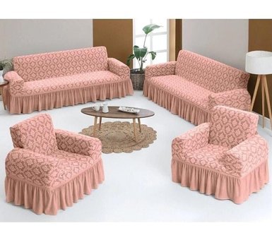Uytm Pamuklu - Polyester Bürümcük-Likralı Drapeli Süngerli Çiçek Desenli Giydirmeli Pembe Dörtlü Koltuk Örtüsü 80x120 cm