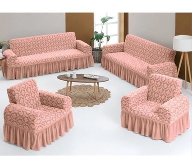 Uytm Pamuklu - Polyester Bürümcük-Likralı Drapeli Süngerli Çiçek Desenli Giydirmeli Pembe Dörtlü Koltuk Örtüsü 80x120 cm