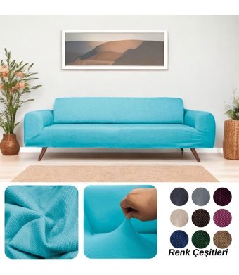 Etles Home Pamuklu - Polyester Likralı Jakarlı Süngersiz Armürlü Giydirmeli Turkuaz Üçlü Koltuk Örtüsü 230x160 cm