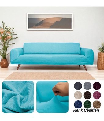 Etles Home Pamuklu - Polyester Likralı Jakarlı Süngersiz Armürlü Giydirmeli Turkuaz Üçlü Koltuk Örtüsü 230x160 cm