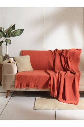 Oteks Home Collection Müslin Örgü Saçaklı Süngersiz Armürlü Turuncu Tekli Koltuk Örtüsü 200x200 cm