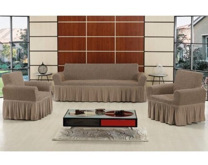 Altınkoza Pamuklu - Polyester Likralı Fırfırlı Süngersiz Petek Desenli Giydirmeli Lastikli Kahverengi Üçlü Koltuk Örtüsü 85x213 cm