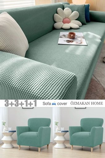 Özmakan Pamuklu - Polyester Likralı Jakarlı Süngersiz Petek Desenli Giydirmeli Yeşil Dörtlü Koltuk Örtüsü 180x230 cm