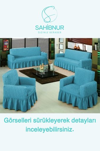 Sahibnur Pamuklu - Polyester Bürümcük Jakarlı Süngersiz Geometrik Desenli Giydirmeli Turkuaz Dörtlü Koltuk Örtüsü 180x230 cm