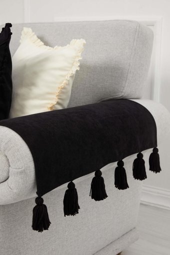 Aisha's Design KC-4 Polyester Örgü Püsküllü Süngersiz Düz Siyah İkili Koltuk Örtüsü 65x57 cm