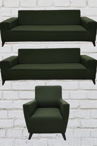 Şahane Ev Mikro Polyester Likralı Jakarlı Süngersiz Düz Giydirmeli Lastikli Haki Üçlü Koltuk Örtüsü 51x42 cm