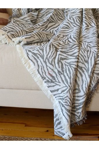 Peshqir Pamuklu Örgü Saçaklı Süngersiz Leopar Desenli Siyah Üçlü Koltuk Örtüsü 160x210 cm