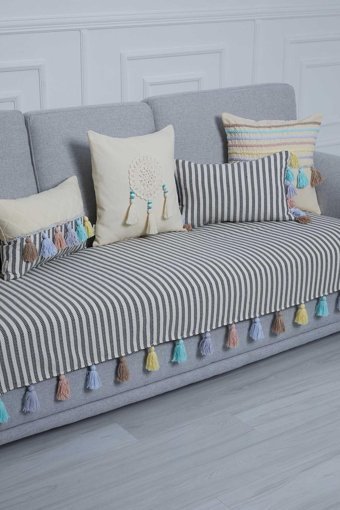 Aisha's Design KO-20 Pamuklu Püsküllü Süngersiz Çizgili Tekli Koltuk Örtüsü 90x210 cm