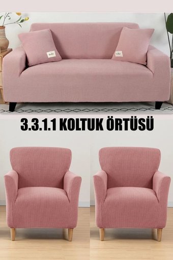 İntil Pamuklu - Polyester Likralı Süngersiz Düz Giydirmeli Krem 3-3-1-1 Koltuk Örtüsü 180x230 cm