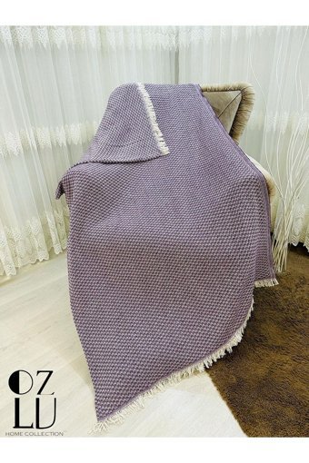 Özlü Home Atlas Pamuklu - Polyester Örgü Saçaklı Süngersiz Çizgili Kaymaz Mor Tekli Koltuk Örtüsü 170x210 cm