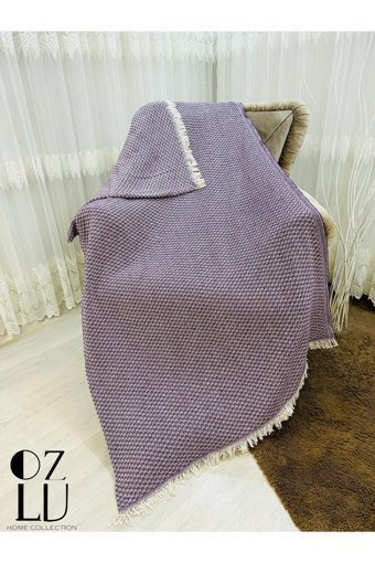 Özlü Home Atlas Pamuklu - Polyester Örgü Saçaklı Süngersiz Çizgili Kaymaz Mor Tekli Koltuk Örtüsü 170x210 cm