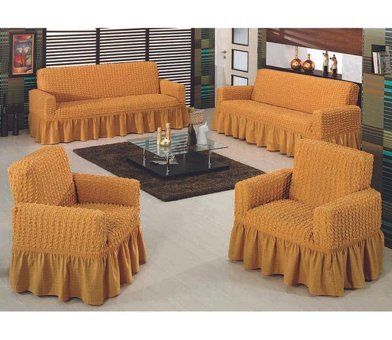 Uyintil Pamuklu - Polyester Bürümcük-Likralı Drapeli Süngerli Petek Desenli Giydirmeli Sarı Dörtlü Koltuk Örtüsü