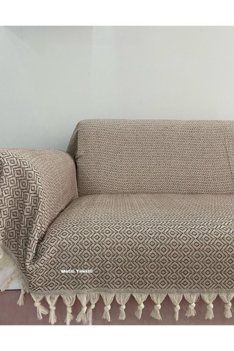 Metin Tekstil Pamuklu Püsküllü Süngersiz Çizgili Kahverengi Tekli Koltuk Örtüsü 180x300 cm