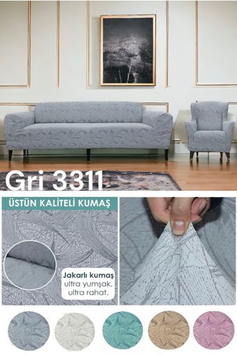 Seltenet Pamuklu - Polyester Likralı Jakarlı Süngersiz Çiçek Desenli Giydirmeli Su Geçirmez Gri Tekli Koltuk Örtüsü 230x180 cm