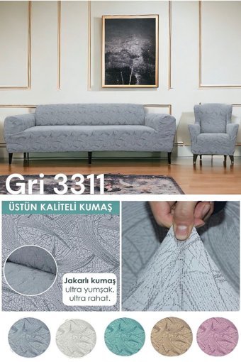 Seltenet Pamuklu - Polyester Likralı Jakarlı Süngersiz Çiçek Desenli Giydirmeli Su Geçirmez Gri Tekli Koltuk Örtüsü 230x180 cm