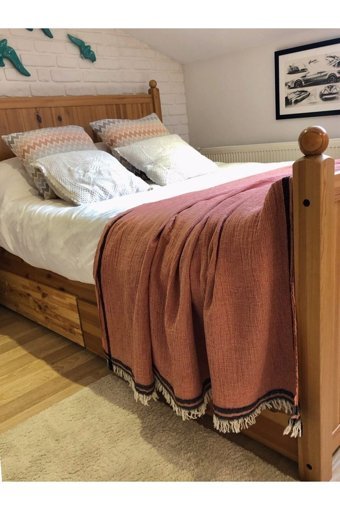 Müge Krespi Mini Waffle Püsküllü Süngersiz Çizgili Turuncu Tekli Koltuk Örtüsü 170x240 cm