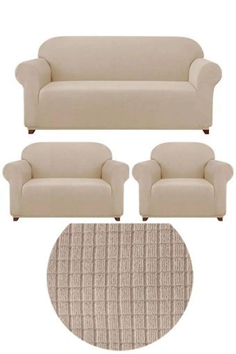 Uytm Pamuklu - Polyester Likralı Süngerli Çiçek Desenli Giydirmeli Bej Üçlü Koltuk Örtüsü 180x230 cm