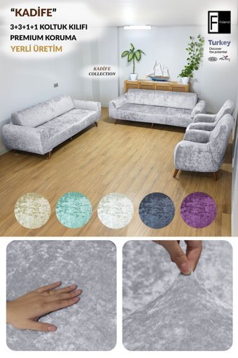 Faiend Kadife Jakarlı Süngersiz Düz Giydirmeli Gri 3-3-1-1 Koltuk Örtüsü 180x220 cm