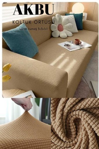 Akbu Polyester Likralı Süngersiz Pitikare Desenli Giydirmeli Lastikli Bej Dörtlü Koltuk Örtüsü 180x230 cm
