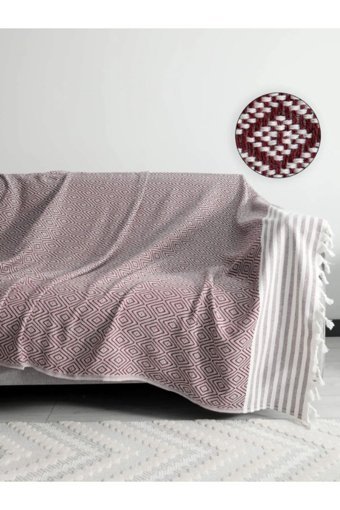 Favora Elmas Pamuklu Örgü Püsküllü Süngersiz Geometrik Desenli Bordo Tekli Koltuk Örtüsü 175x215 cm