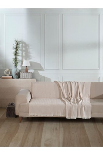 Lux Touch Vera Pamuklu Saçaklı Süngersiz Geometrik Desenli Bej Tekli Koltuk Örtüsü 200x220 cm