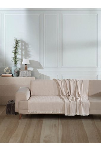 Lux Touch Vera Pamuklu Saçaklı Süngersiz Geometrik Desenli Bej Tekli Koltuk Örtüsü 200x220 cm
