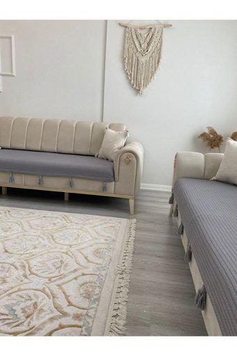 Tekstilsepetim Pamuklu Polar Püsküllü Süngersiz Düz Gri Tekli Koltuk Örtüsü 90x220 cm