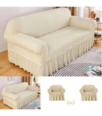 Güzel Aral GA-3211 Pamuklu - Polyester Bürümcük Fırfırlı Kapitone Giydirmeli Lastikli Bej 3-2-1-1 Koltuk Örtüsü 180x230 cm