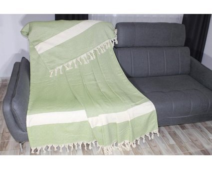 Bies Living Collection Diamond Premium Pamuklu Püsküllü Süngersiz Düz Kaymaz Yeşil Tekli Koltuk Örtüsü 200x240 cm