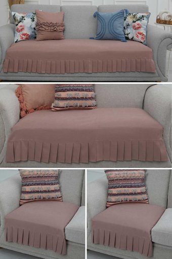 Aisha's Design KTK-8 Polyester Örgü Pileli Süngersiz Düz Pembe Dörtlü Koltuk Örtüsü 34x48 cm