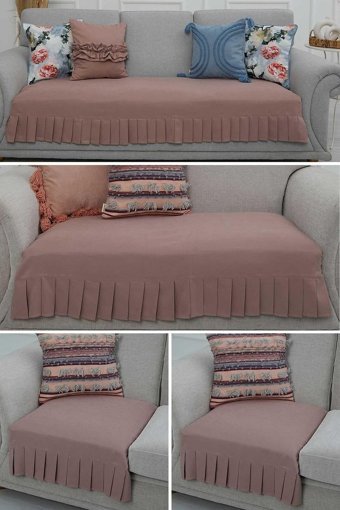 Aisha's Design KTK-8 Polyester Örgü Pileli Süngersiz Düz Pembe Dörtlü Koltuk Örtüsü 34x48 cm