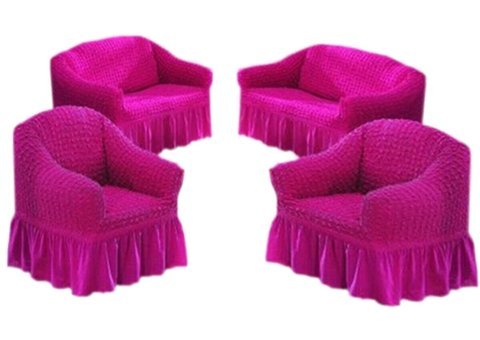 Nera Home Pamuklu - Polyester Bürümcük Fırfırlı Süngersiz Geometrik Desenli Giydirmeli Pembe Dörtlü Koltuk Örtüsü 183x230 cm