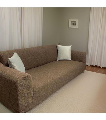 Hanemce Pamuklu - Polyester Süngersiz Kırçıllı Giydirmeli Kahverengi Üçlü Koltuk Örtüsü 180x237 cm