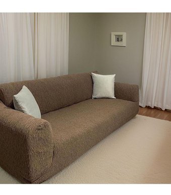 Hanemce Pamuklu - Polyester Süngersiz Kırçıllı Giydirmeli Kahverengi Üçlü Koltuk Örtüsü 180x237 cm