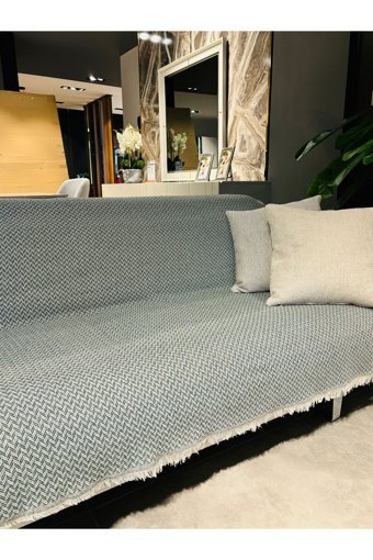 Mucize Evim Pamuklu Saçaklı Süngersiz Geometrik Desenli Yeşil Tekli Koltuk Örtüsü 180x300 cm