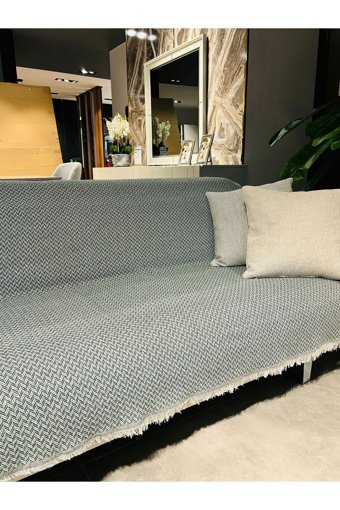 Mucize Evim Pamuklu Saçaklı Süngersiz Geometrik Desenli Yeşil Tekli Koltuk Örtüsü 180x300 cm