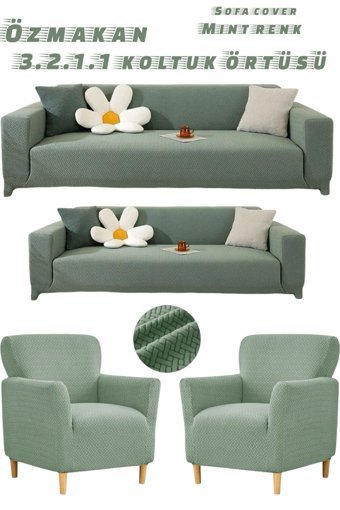 Özmakan Pamuklu Likralı Jakarlı Süngersiz Çizgili Giydirmeli Yeşil Dörtlü Koltuk Örtüsü 180x230 cm