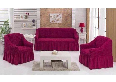 Akyol Home Polyester Bürümcük Fırfırlı Süngersiz Giydirmeli Lastikli Pembe Üçlü Koltuk Örtüsü 150x195 cm