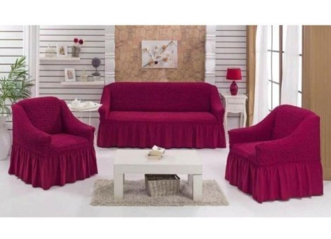 Akyol Home Polyester Bürümcük Fırfırlı Süngersiz Giydirmeli Lastikli Pembe Üçlü Koltuk Örtüsü 150x195 cm