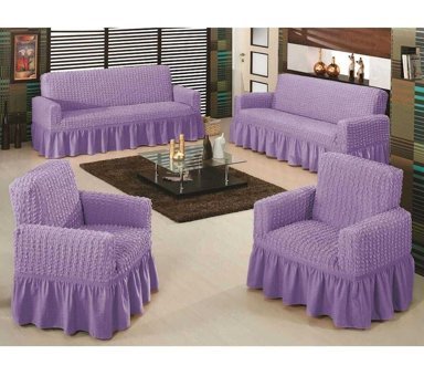 Uyintil Pamuklu - Polyester Bürümcük-Likralı Drapeli Süngerli Petek Desenli Giydirmeli Mor Dörtlü Koltuk Örtüsü