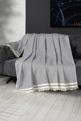 Denizli Concept Alinda Pamuklu - Polyester Kanvas Saçaklı Süngersiz Armürlü Kaymaz Gri Üçlü Koltuk Örtüsü 170x301 cm