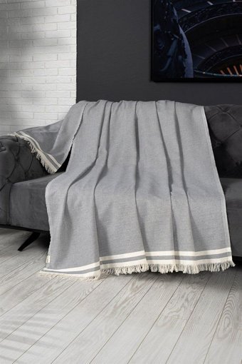 Denizli Concept Alinda Pamuklu - Polyester Kanvas Saçaklı Süngersiz Armürlü Kaymaz Gri Üçlü Koltuk Örtüsü 170x301 cm