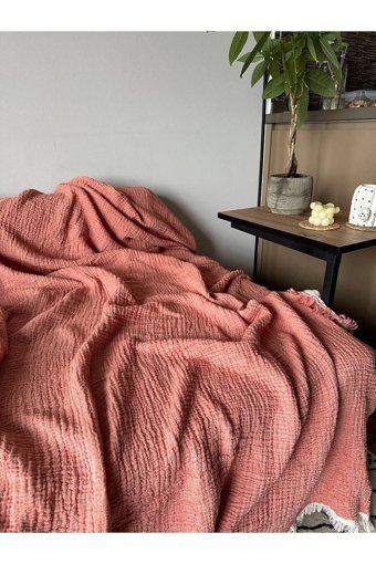 Brevis Müslin Saçaklı Süngersiz Düz Pembe Tekli Koltuk Örtüsü 230x250 cm