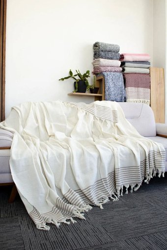 Osmanlı Home Concept Pamuklu Örgü Saçaklı Süngersiz Çizgili Bej Üçlü Koltuk Örtüsü 180x300 cm