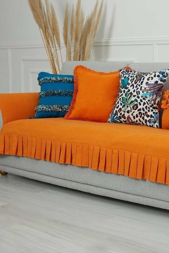 Aisha's Design KTK-5 Polyester Örgü Pileli Süngersiz Düz Turuncu Tekli Koltuk Örtüsü 90x210 cm