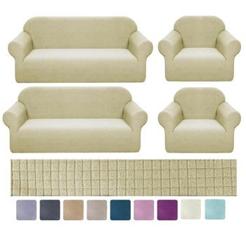 Riseler Home Pamuklu - Polyester Likralı Jakarlı Süngersiz Petek Desenli Giydirmeli Bej Üçlü Koltuk Örtüsü 180x230 cm
