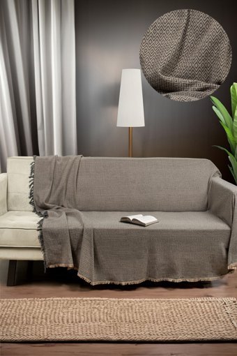 Mariva Home Diamond Pamuklu Saçaklı Süngersiz Geometrik Desenli Bej Tekli Koltuk Örtüsü 170x210 cm