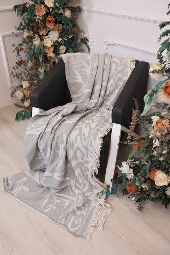 Star Home Collections Pamuklu Polar Saçaklı Süngersiz Çizgili Gri Tekli Koltuk Örtüsü 170x220 cm