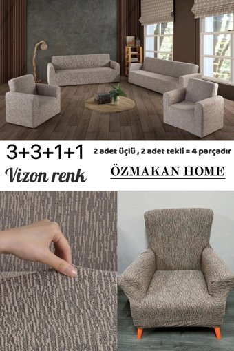 Özmakan Pamuklu - Polyester Likralı Jakarlı Süngersiz Çizgili Giydirmeli Kahverengi Tekli Koltuk Örtüsü 185x220 cm