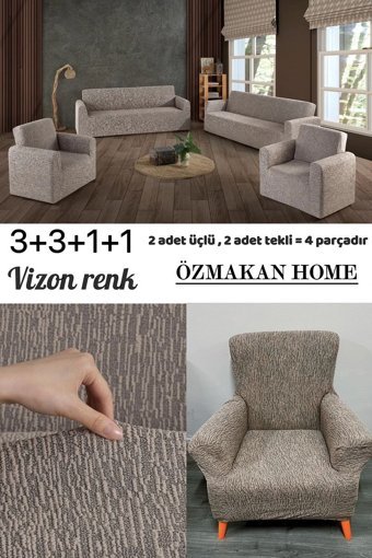Özmakan Pamuklu - Polyester Likralı Jakarlı Süngersiz Çizgili Giydirmeli Kahverengi Tekli Koltuk Örtüsü 185x220 cm